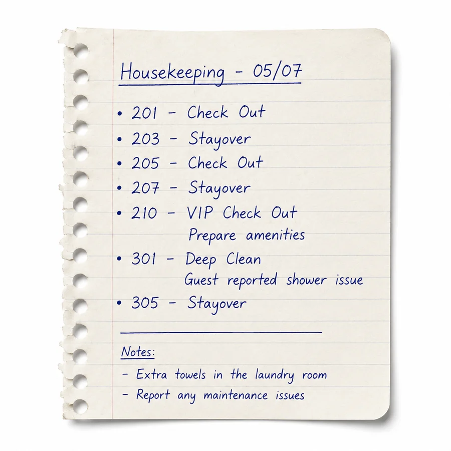 Handwritten housekeeping list on paper